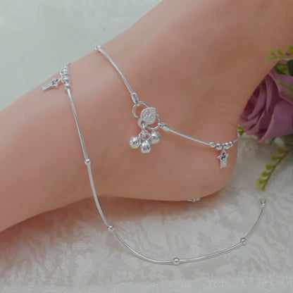 Real Silver Multi CZ Charm Payal Anklet for Women (10.3 in)
