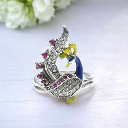 Real 925 Sterling Silver Pink White CZ Women Peacock Ring