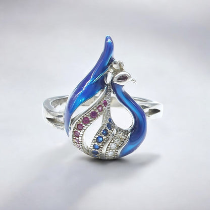 Real 925 Sterling Silver handmade Multi CZ Women Peacock style Ring