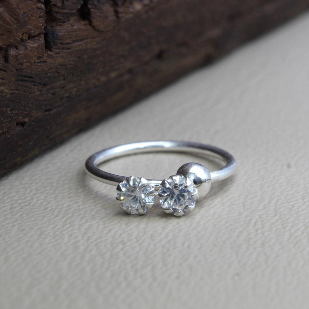 Sterling Silver Nose Ring (Nath) with Two white stones