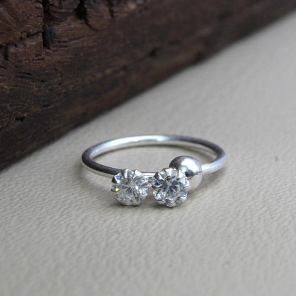 Sterling Silver Nose Ring (Nath) with Two white stones