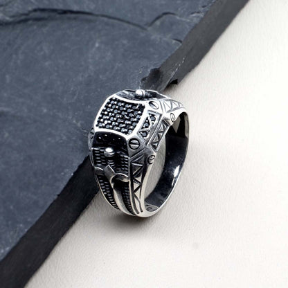 Turkish Style 925 Sterling Silver Oxidized Black CZ Men's ring