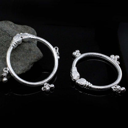 Elephant face Real Silver Bangles adjustable Bracelet with Jingle Bells - Pair