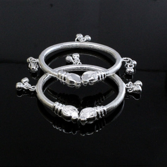 Elephant face Real Silver Bangles adjustable Bracelet with Jingle Bells - Pair