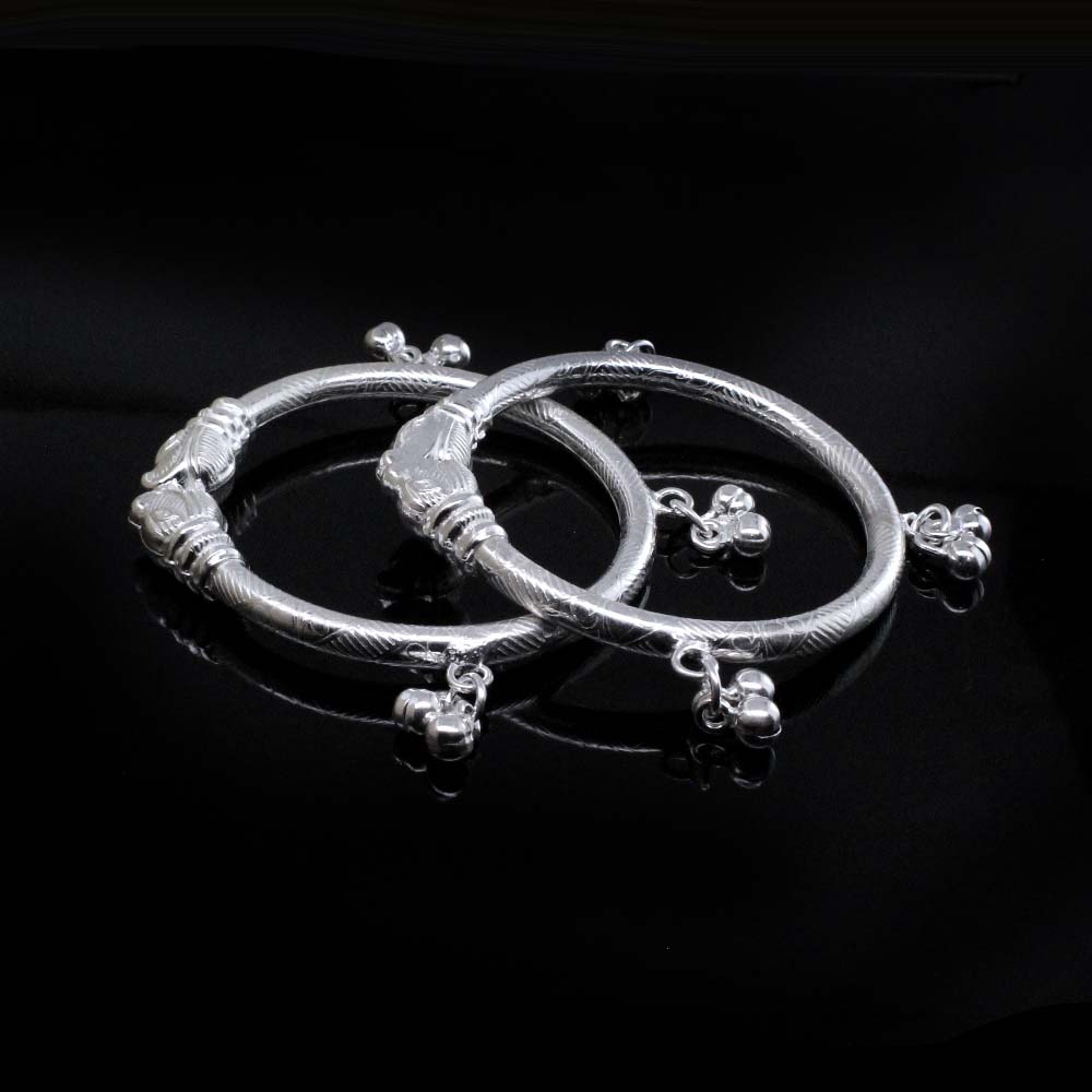 Elephant face Real Silver Bangles adjustable Bracelet with Jingle Bells - Pair