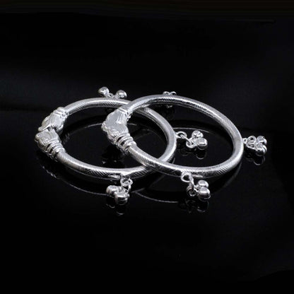 Elephant face Real Silver Bangles adjustable Bracelet with Jingle Bells - Pair