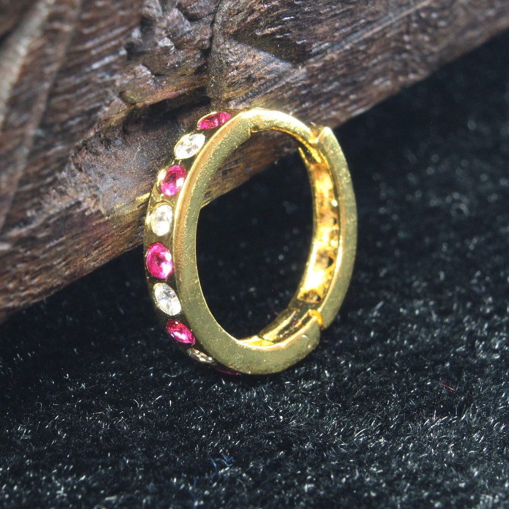 Cute Indian Nose Ring Pink White CZ Ethnic Gold Plated Clicker Hinged Nose Ring