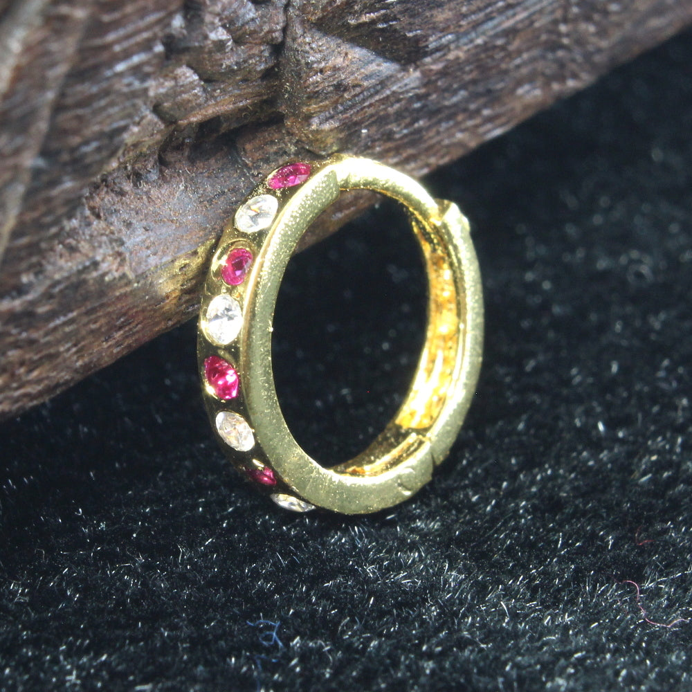 Cute Indian Nose Ring Pink White CZ Ethnic Gold Plated Clicker Hinged Nose Ring