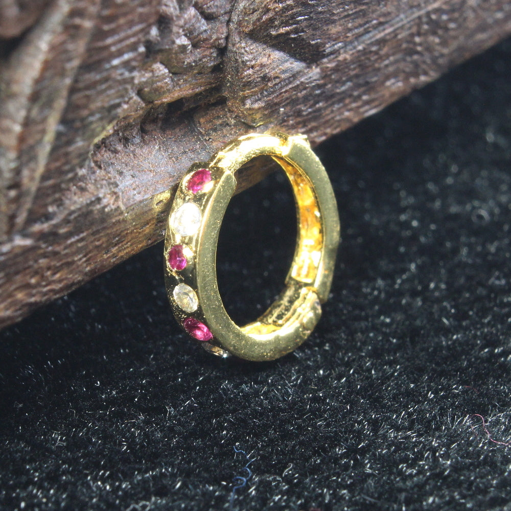 Cute Indian Nose Ring Pink White CZ Ethnic Gold Plated Clicker Hinged Nose Ring