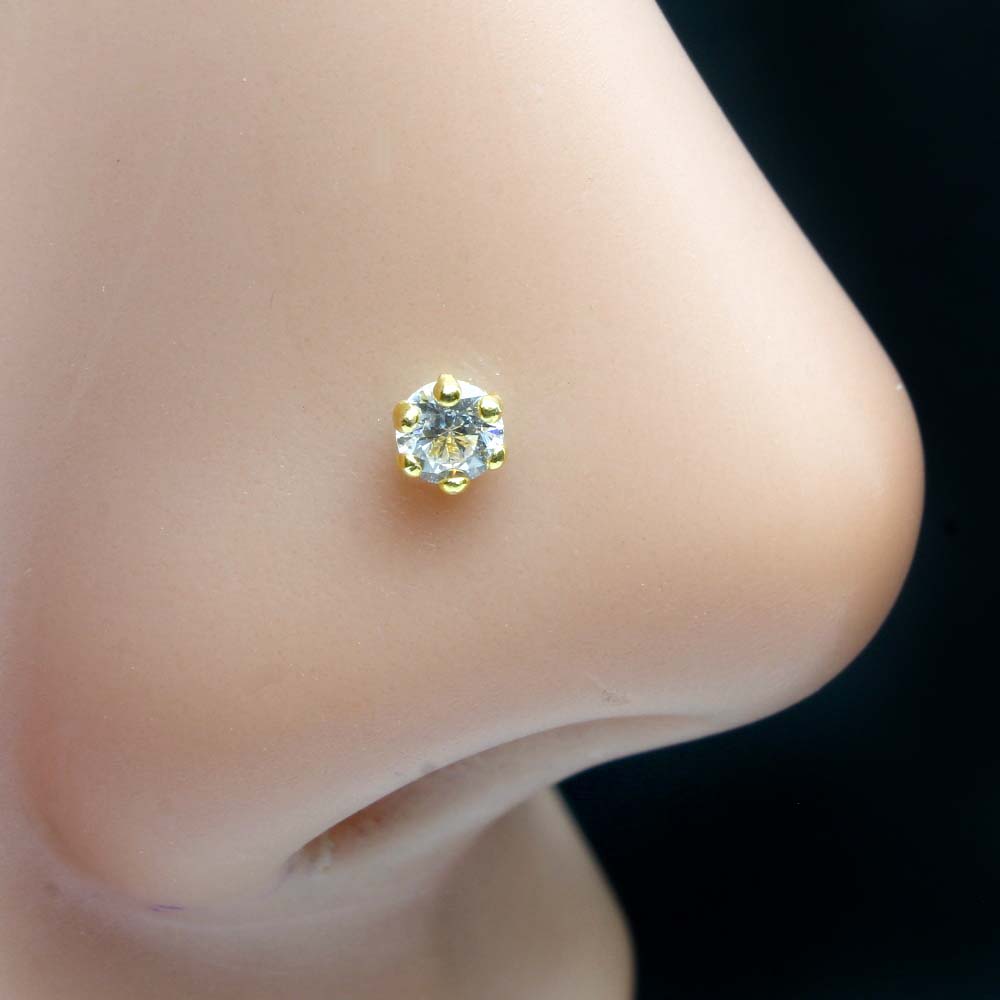  Nose Stud Pin Solid Real 14k Yellow Tiny Precious White CZ Piercing Gold