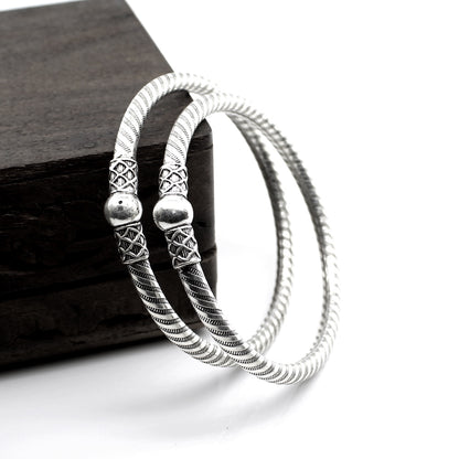 Openable Real Silver Oxidized Bangle Hollow Bracelet Pair - 6.3 CM