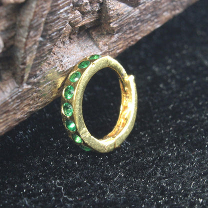 Indian Nose Ring Green CZ Asian Gold Plated Clicker Hinged Nose Ring