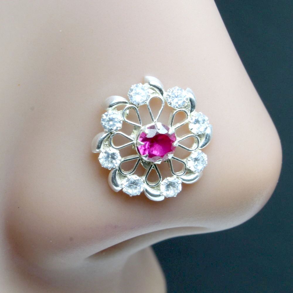 Real Silver Nose Ring with pink and White Shiny Stones for women