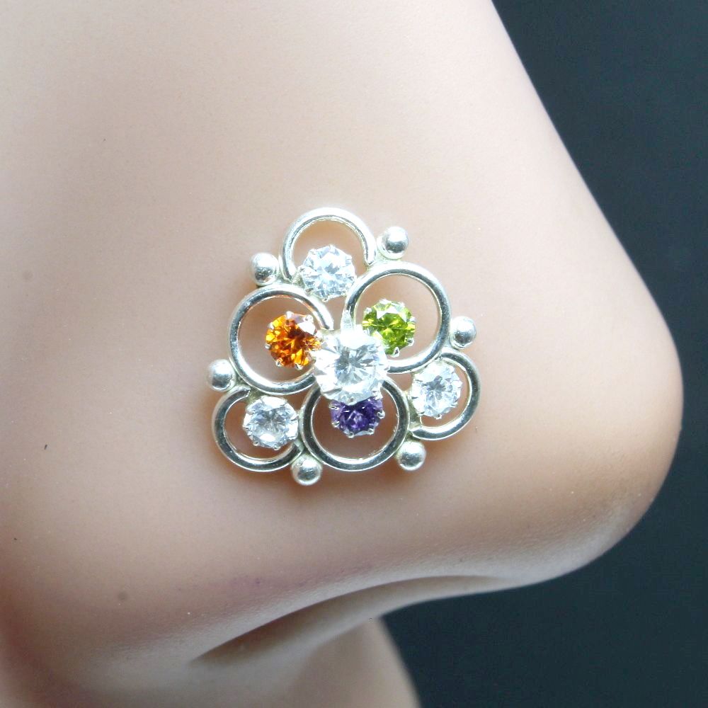 Real Silver Nose Ring with Multiple Shiny Stones for women