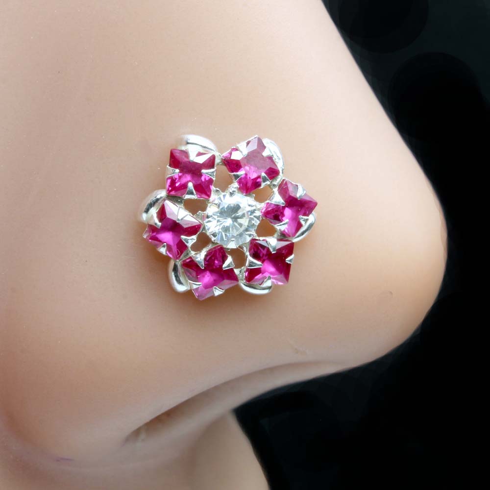Real Silver Nose Ring with White and pink  Shiny Stones for women