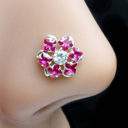 Real Silver Nose Ring with White and pink  Shiny Stones for women