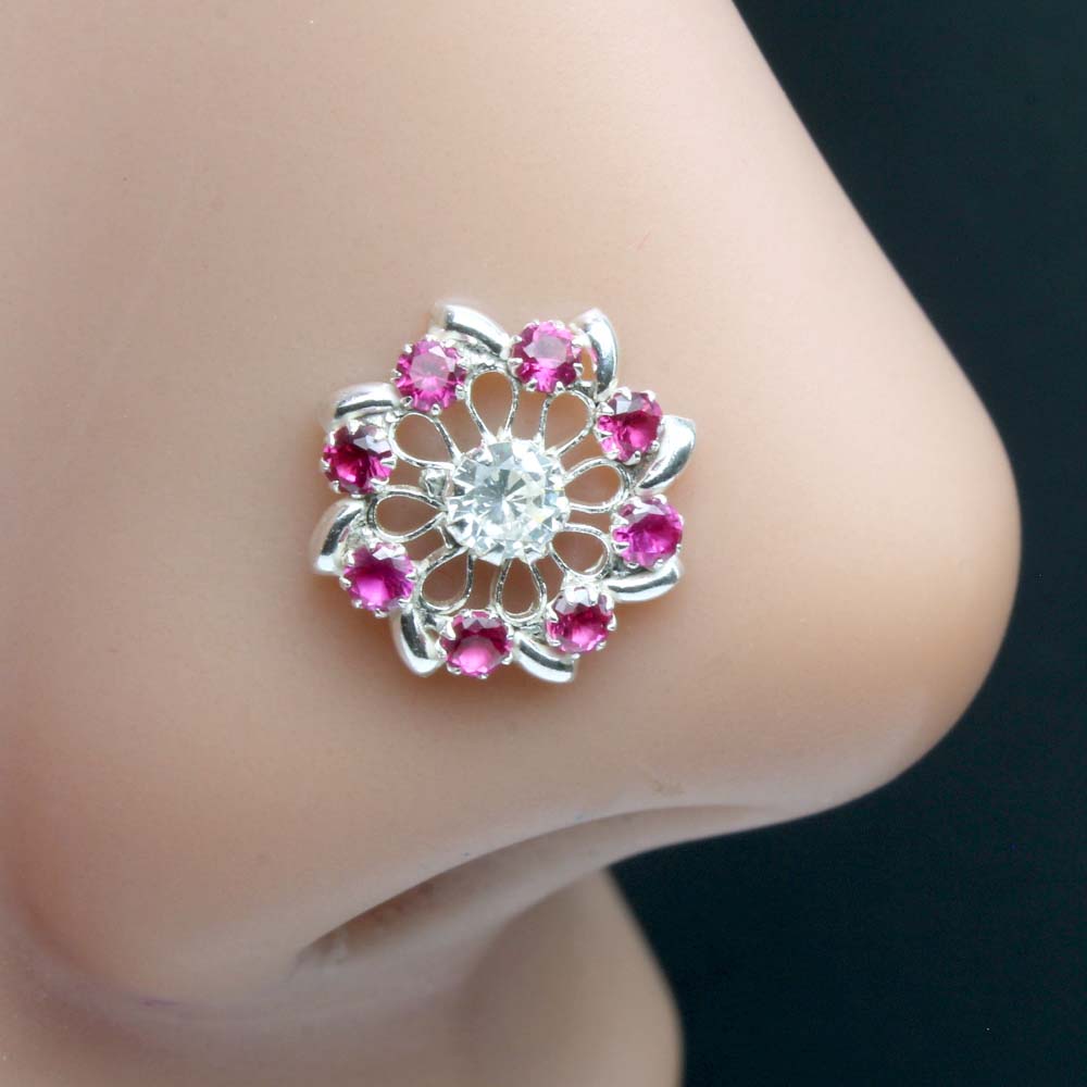 Real Silver Nose Ring with pink Shiny Stones for women