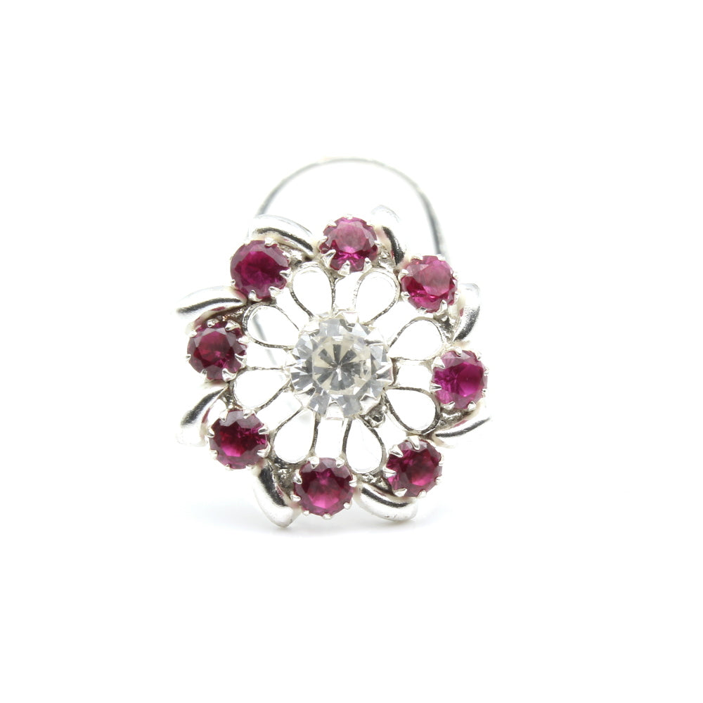 Cute Floral Real Silver Nath with pink stones