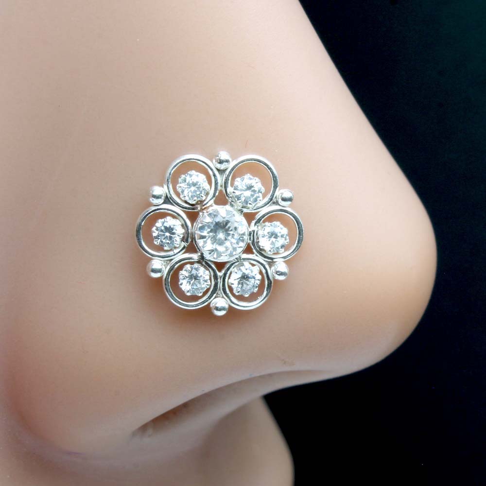 Real Silver Nose Ring with White Shiny Stones for women