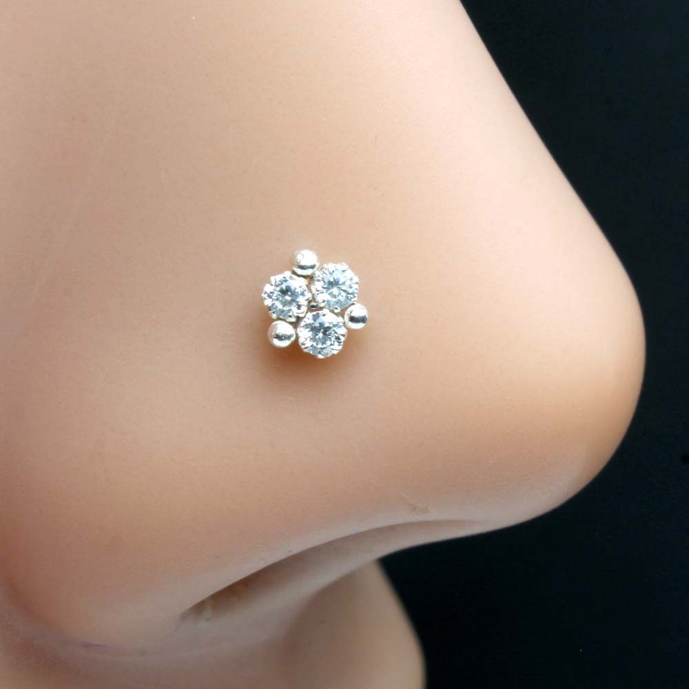 Real Silver Nose Ring with White Shiny Stones for women