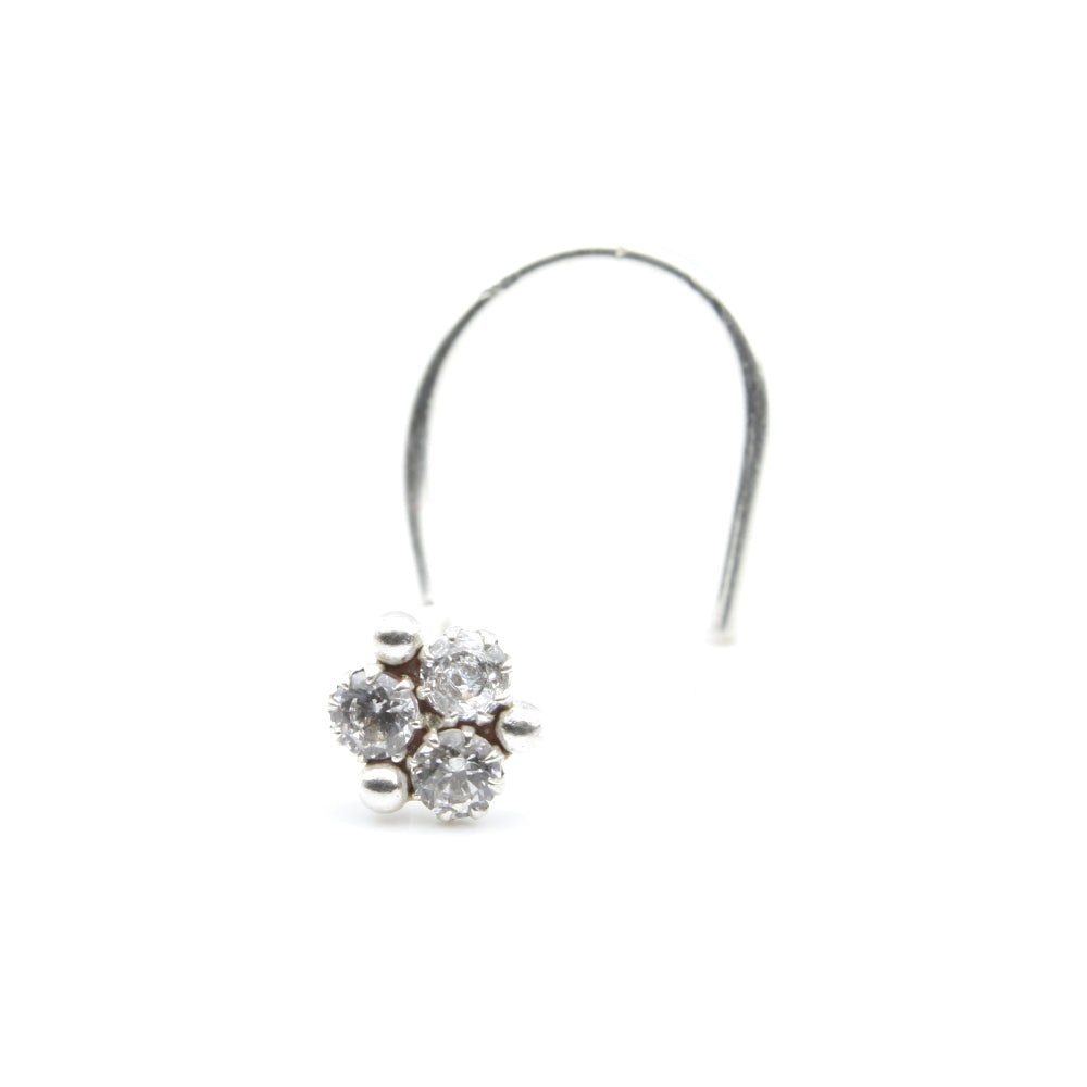 Indian Style Real 925 Silver Nose Ring with White CZ 