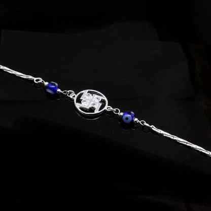 Real Silver Evel Eye bracelet CZ Rakhi for men women 8"