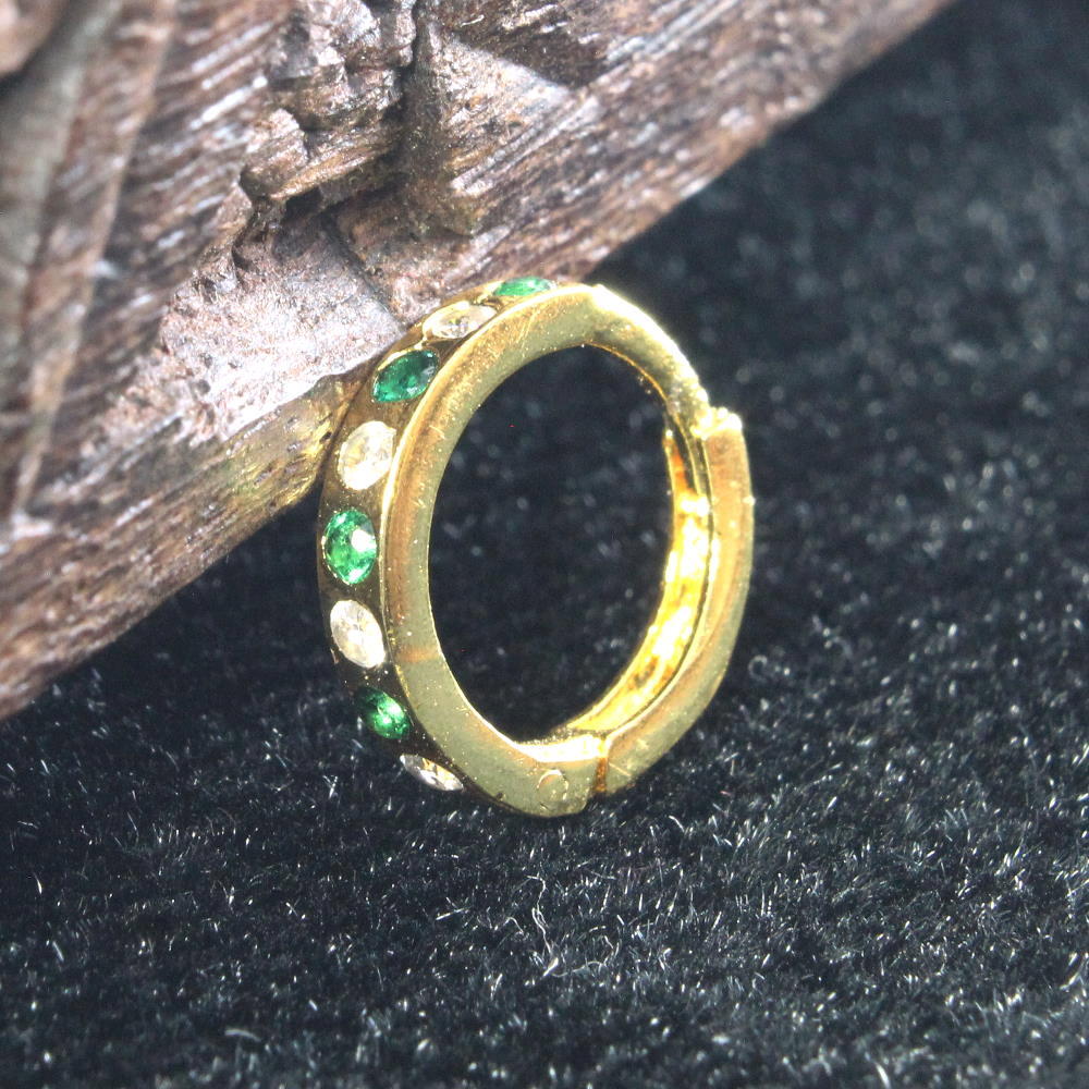 Cute Indian Style Nose Ring Green White CZ Gold Plated Clicker Hinged Nose Ring