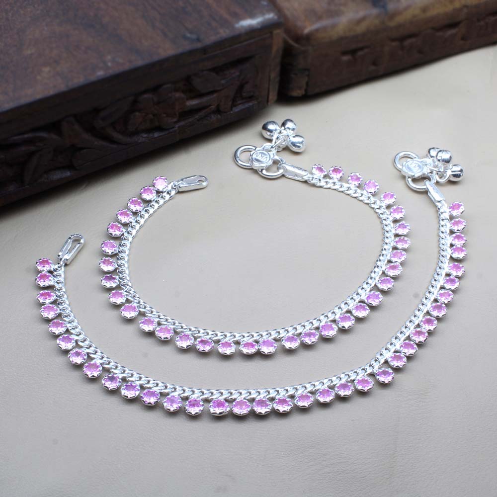 Real 925 Silver Jewelry Pink CZ Anklets chain foot baby Bracelet 7.5"