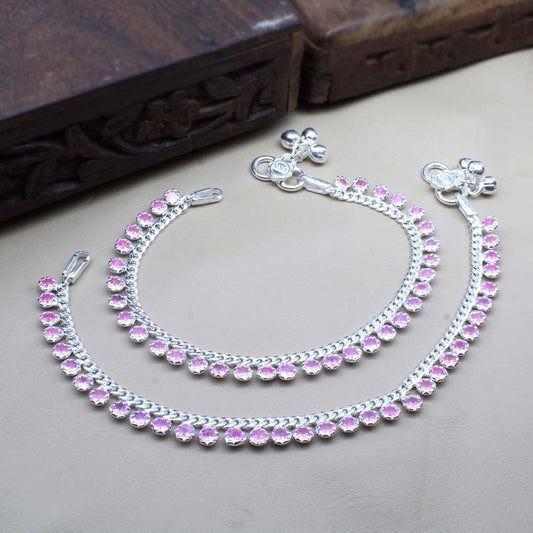 Real 925 Silver Jewelry Pink CZ Anklets chain foot baby Bracelet 7.5"