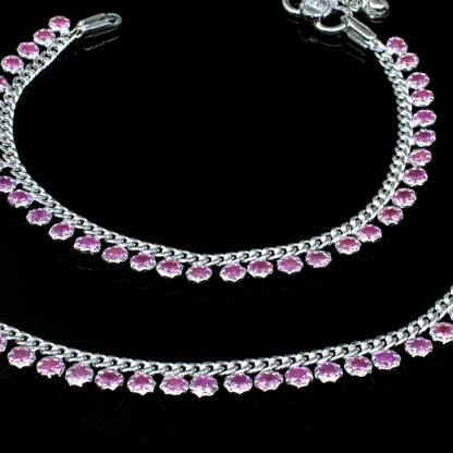 Real 925 Silver Jewelry Pink CZ Anklets chain foot baby Bracelet 7.5"