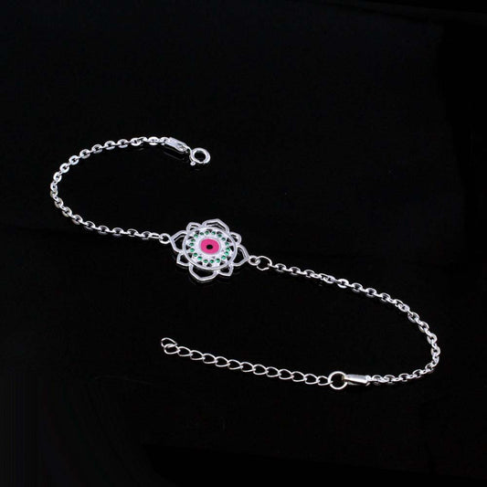 Flower Style Real Silver Bracelet Rakhi for men women 7.8"