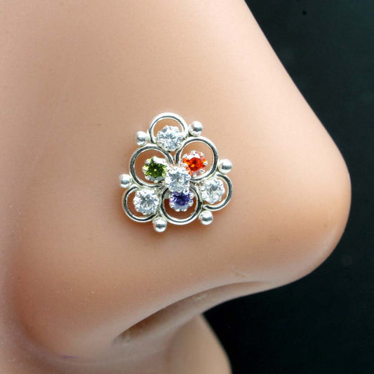 Floral Style Real 925 Silver Multi-color Nose pin 