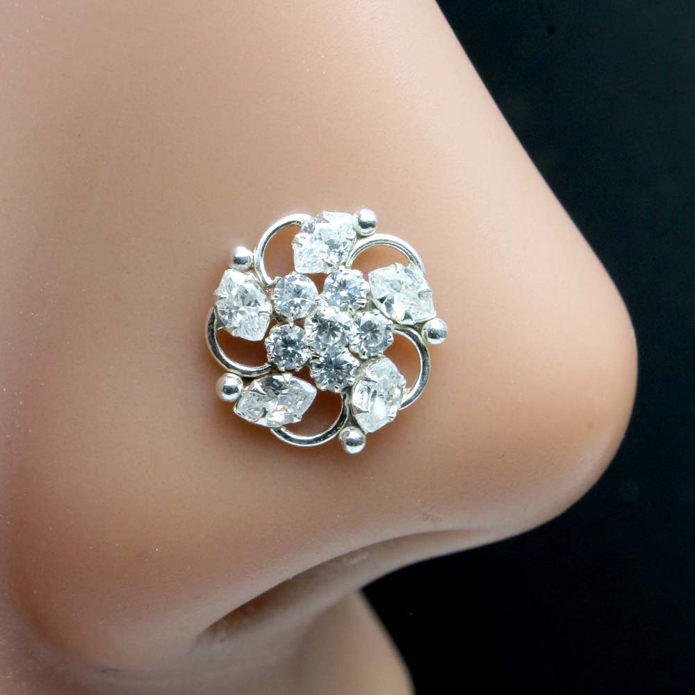 Indian Floral Style Real 925 Silver White Stone Nose pin