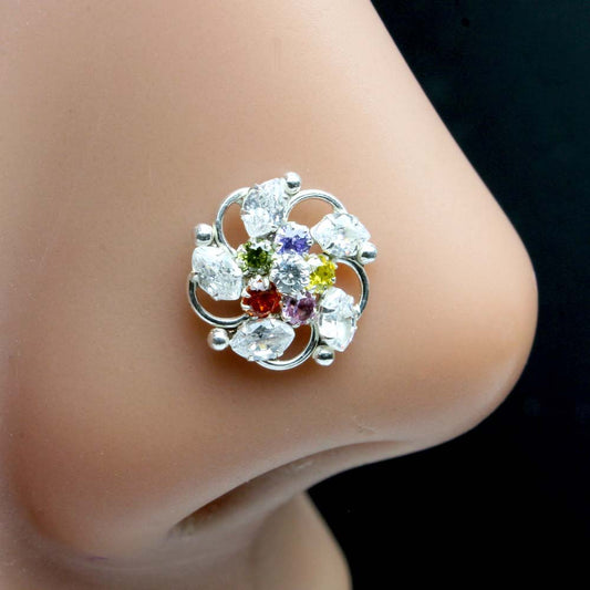 Ethnic Real Sterling Silver Nose Ring Multi-color Stone Nose pin