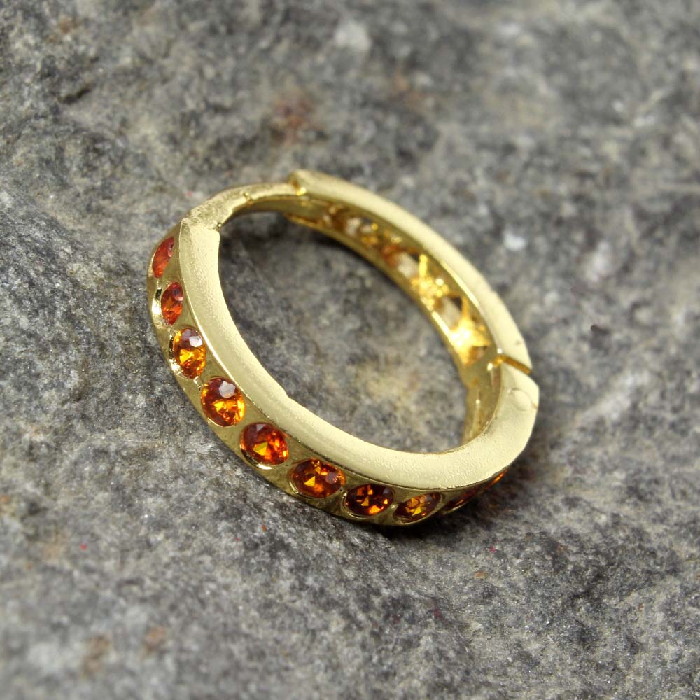 Cute Women Indian Nose Ring Orange CZ Gold Plated Clicker Hinged Nose Ring