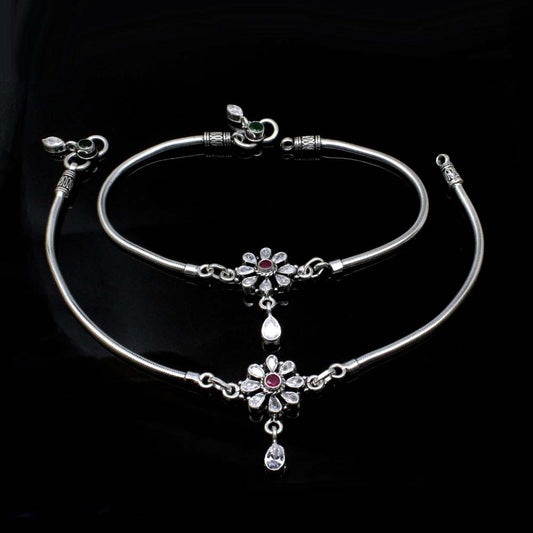 925 Real Silver CZ Oxidized Anklets Ankle Bracelet 10.5"