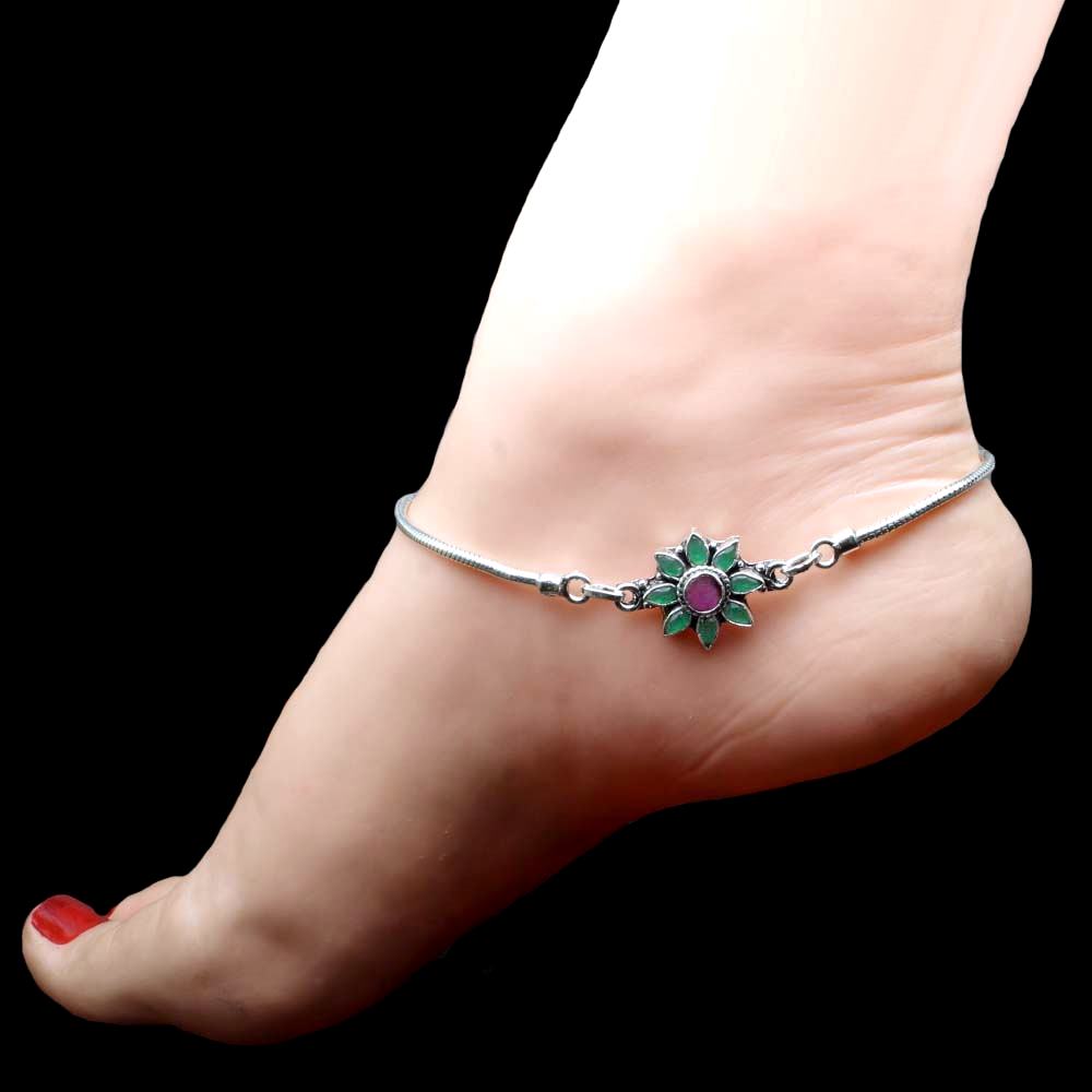 Beautiful 925 Real Silver CZ Oxidized Anklets Ankle Bracelet 10.8"