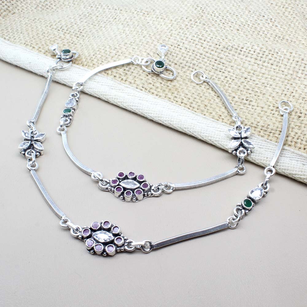 Traditional 925 Real Solid Silver CZ Oxidized Anklets Ankle 10.5"