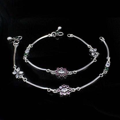 Traditional 925 Real Solid Silver CZ Oxidized Anklets Ankle 10.5"