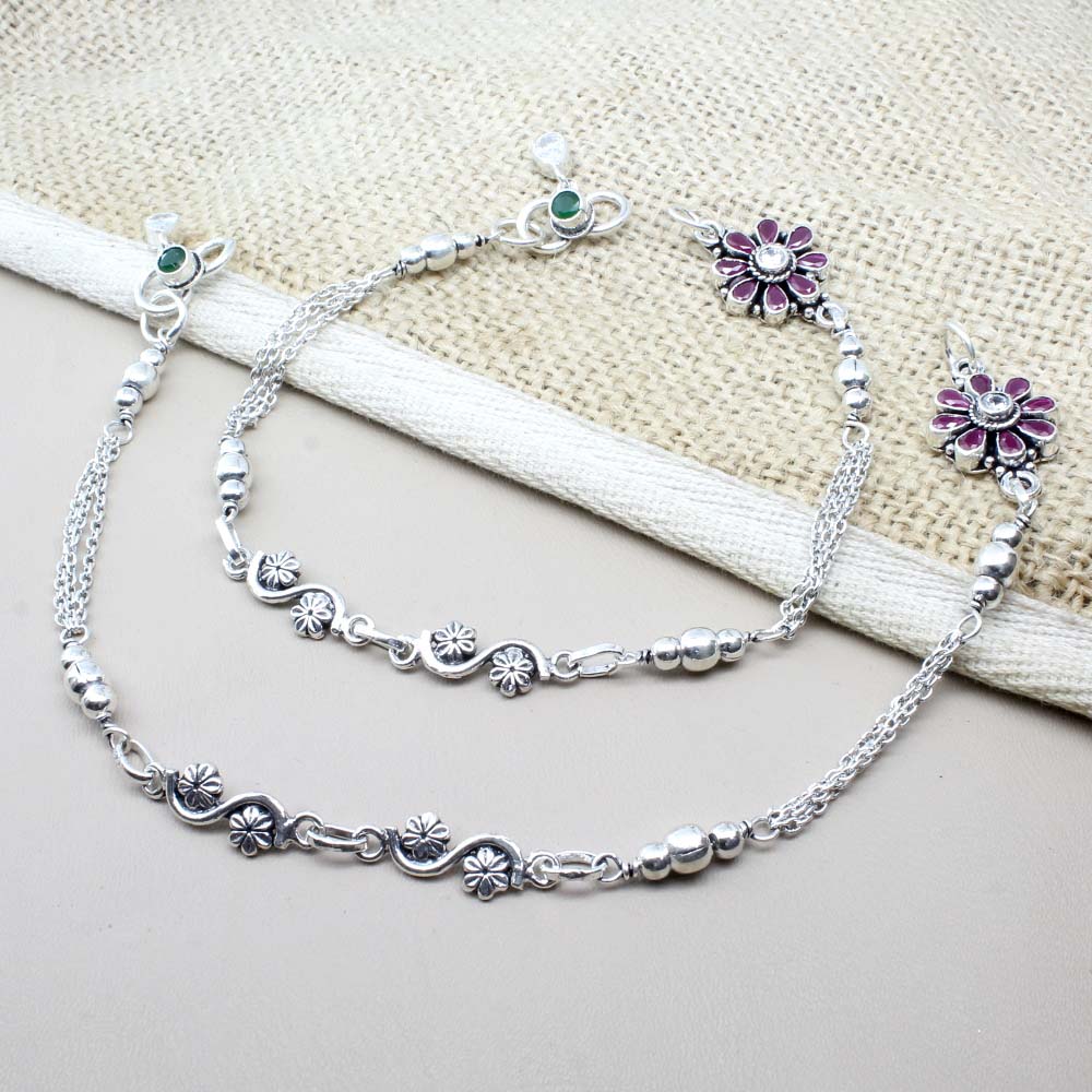 Ethnic Style 925 Real Solid Silver CZ Oxidized Anklets Ankle 10.5"