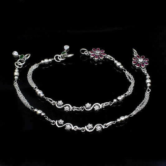 Ethnic Style 925 Real Solid Silver CZ Oxidized Anklets Ankle 10.5"