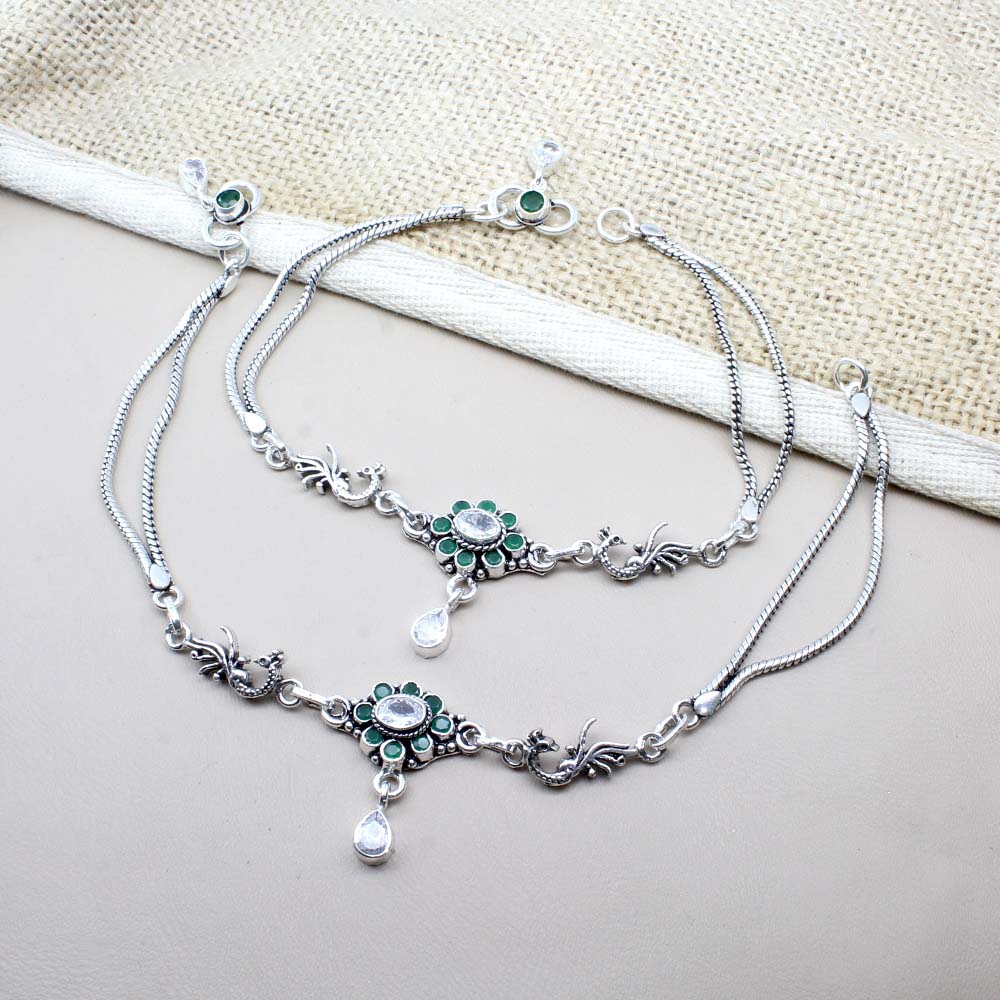 Indian Real Sterling Silver CZ Oxidized Anklets 10.5"