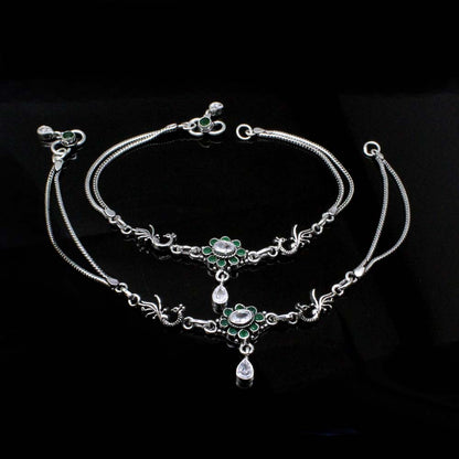 Indian Real Sterling Silver CZ Oxidized Anklets 10.5"