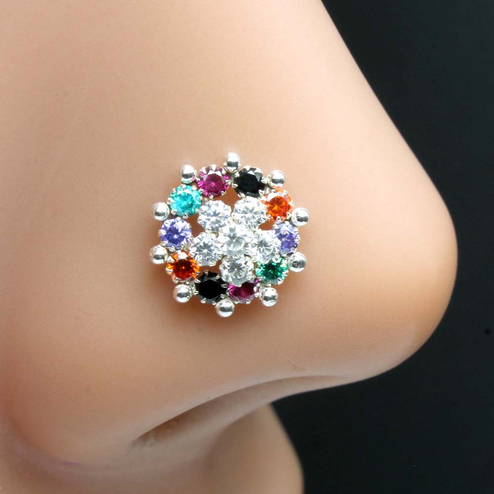 Real Sterling Silver Multi CZ Studded Nose pin 