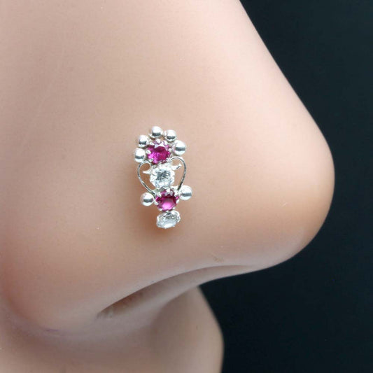 Indian Vertical 925 Silver Pink White CZ Nose pin