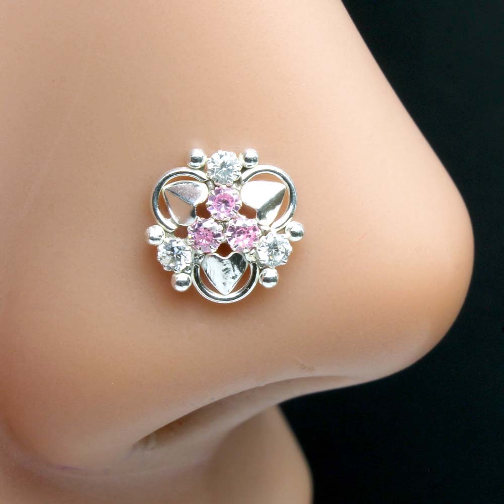 Real Solid Silver Pink White CZ Nose pin 