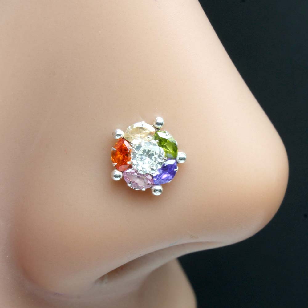 Women Silver Nose Pin With Multiple-color stones