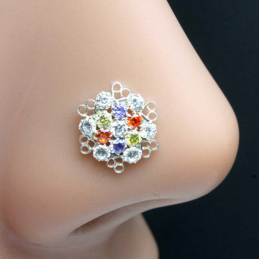 Ethnic 925 Sterling Silver Multicolor CZ Nose pin