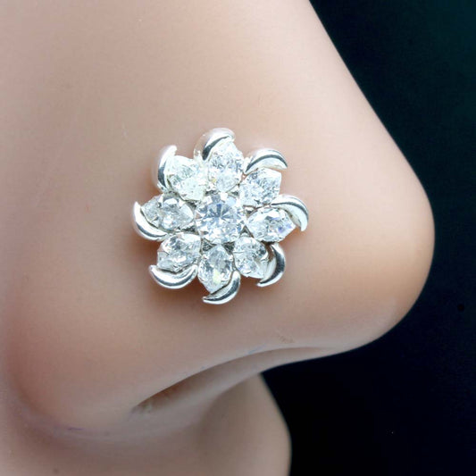 Cute Real Solid Silver White CZ Nose pin