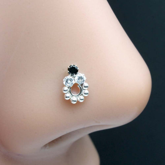 Vertical Style Real 925 Silver Black White CZ Nose ring Push Pin